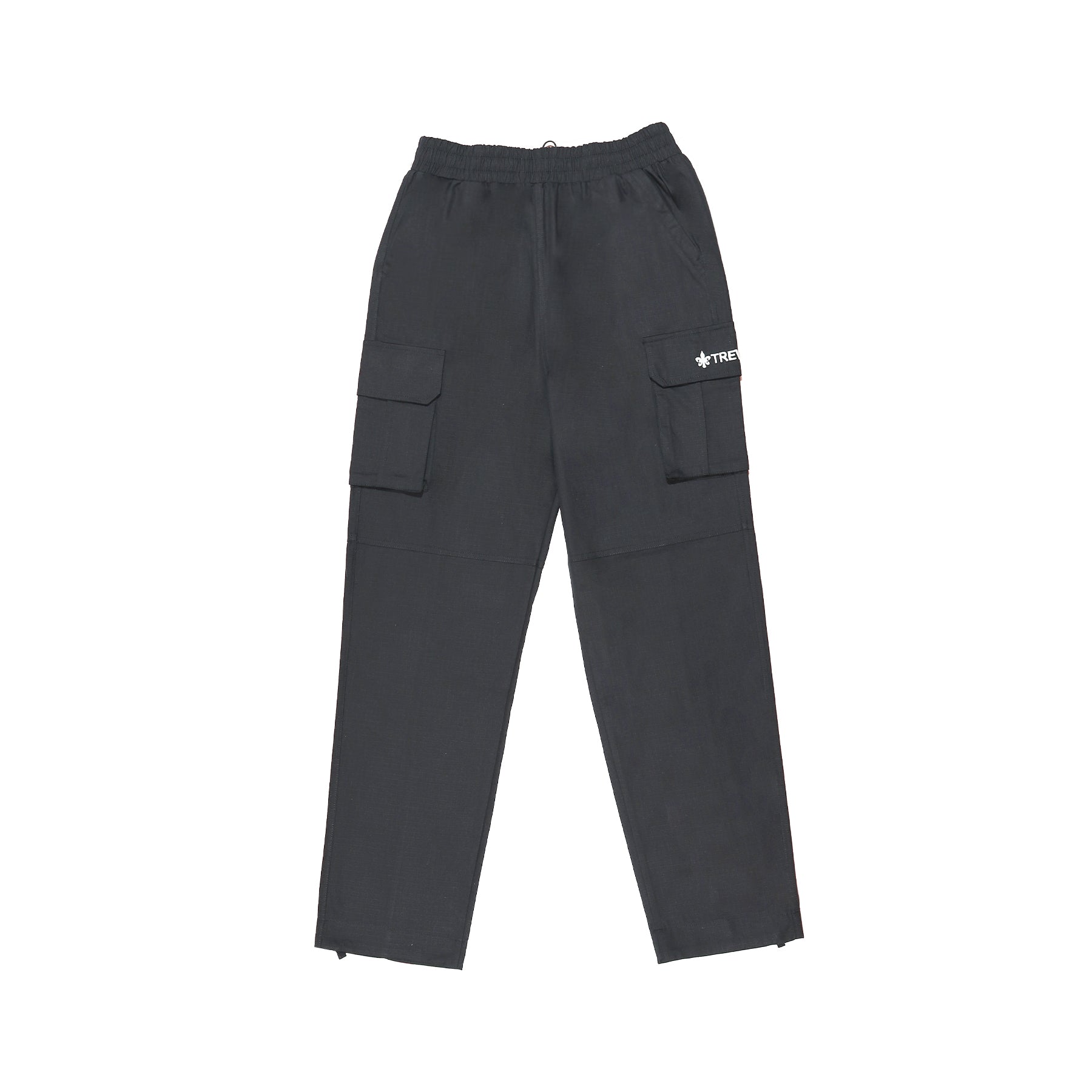 Charcoal grey cargo pants with double side leg cargo pockets, adjustable waistband with a metal detail and brand embroidery on the left pocket.