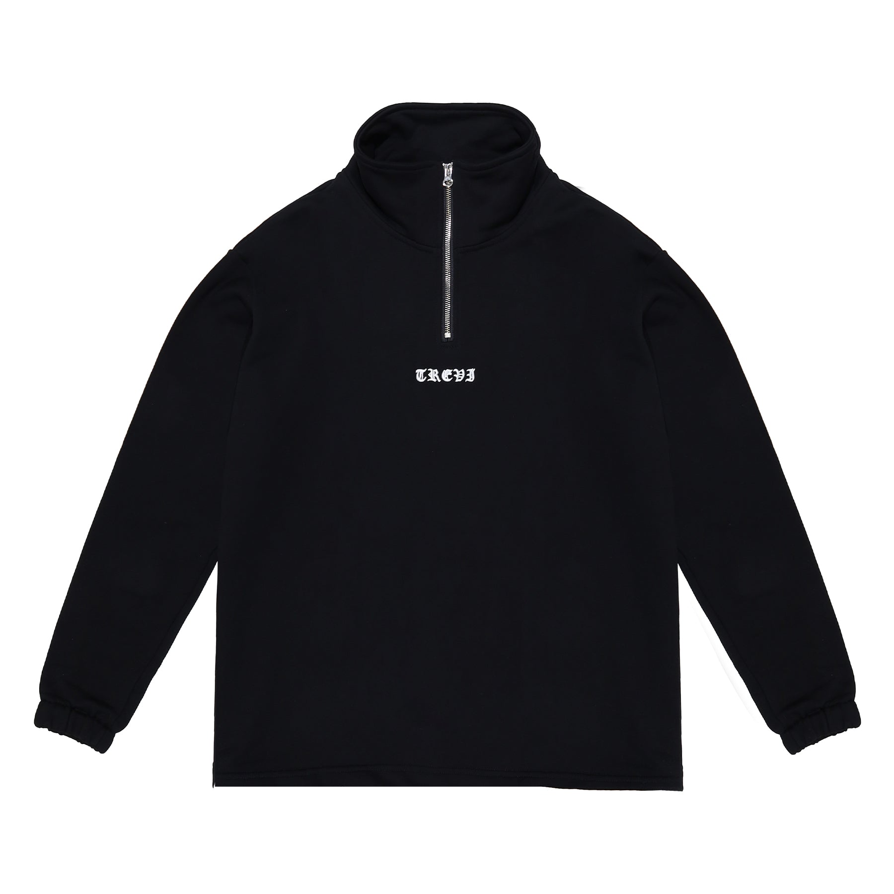 A black long-sleeved crewneck sweater with ribbed hem and cuffs, featuring 'Trevi Club' embroidery on the chest and back.